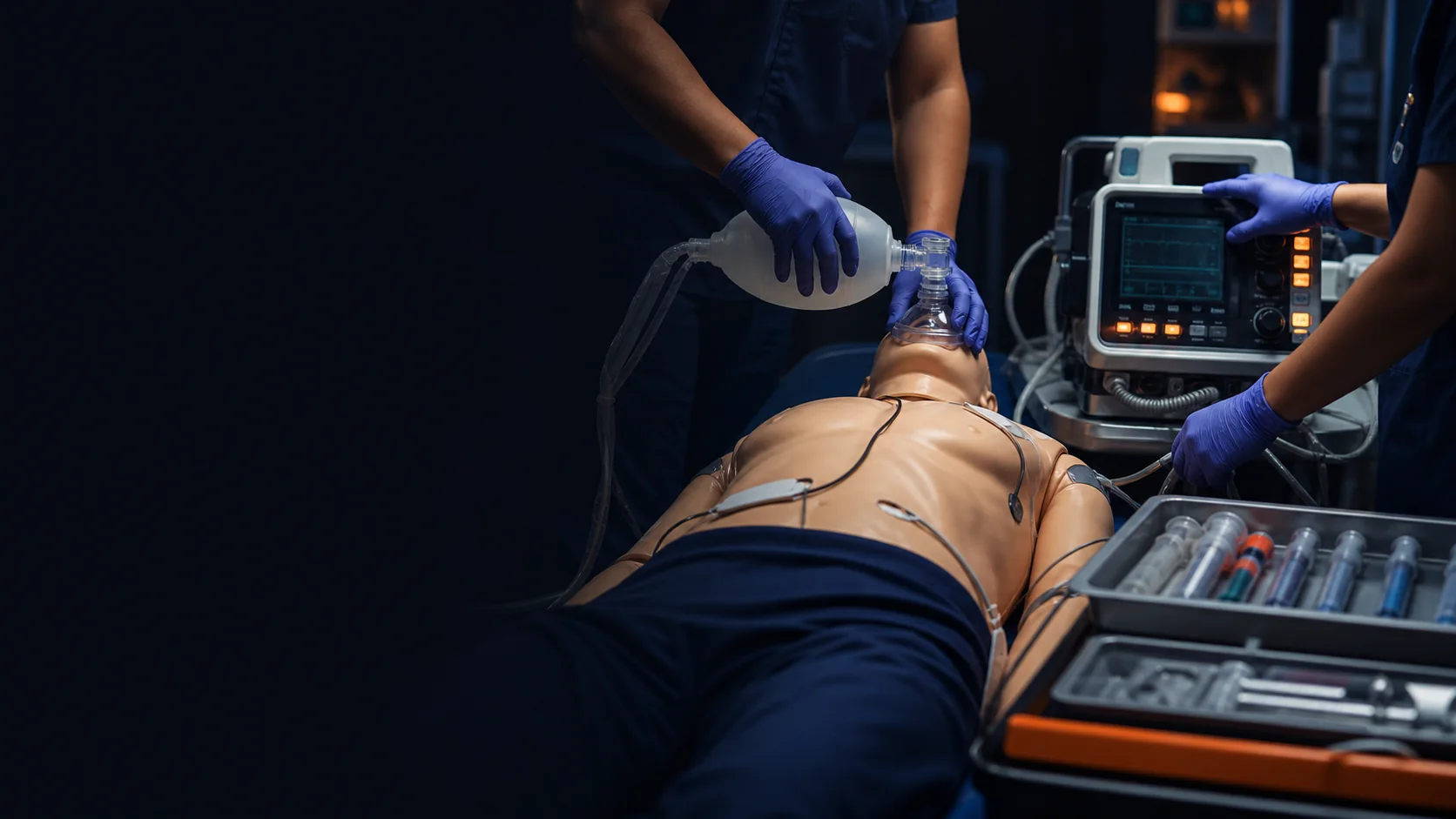 Clinical team practicing an ACLS megacode with an adult manikin and monitor
