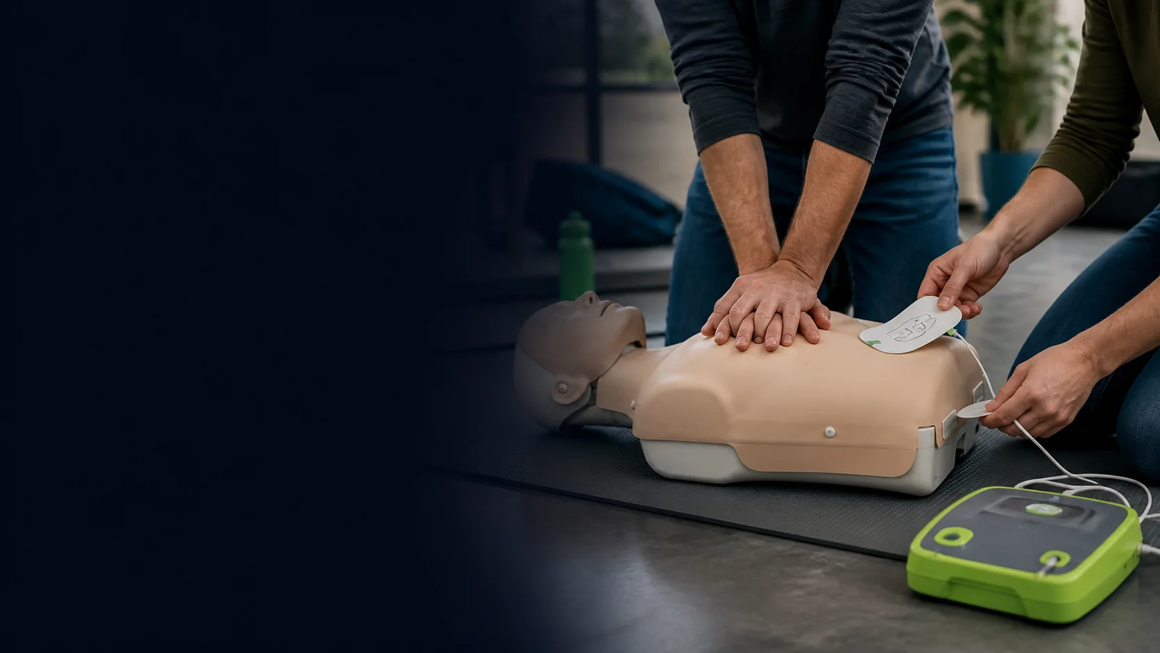 Community learners practicing CPR and AED skills with an adult manikin