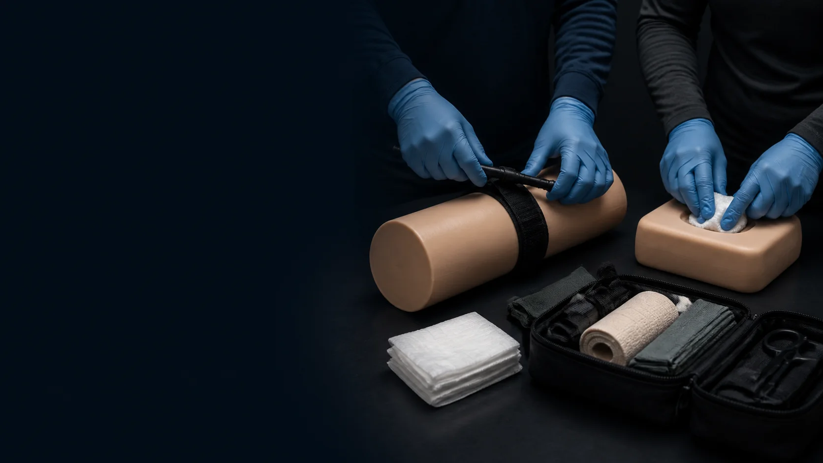 Gloved learners practicing tourniquet use and wound packing on synthetic training models